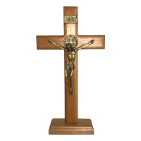 Crucifixo P/ Mesa/Parede Em Madeira C/ Medalha De São Bento Em Metal Nas Cores Ouro/Prata/Onix 28cm
