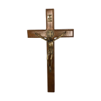Crucifixo Para Parede Em Madeira C/ Medalha De São Bento Em Metal Nas Cores Ouro e Onix De 19cm
